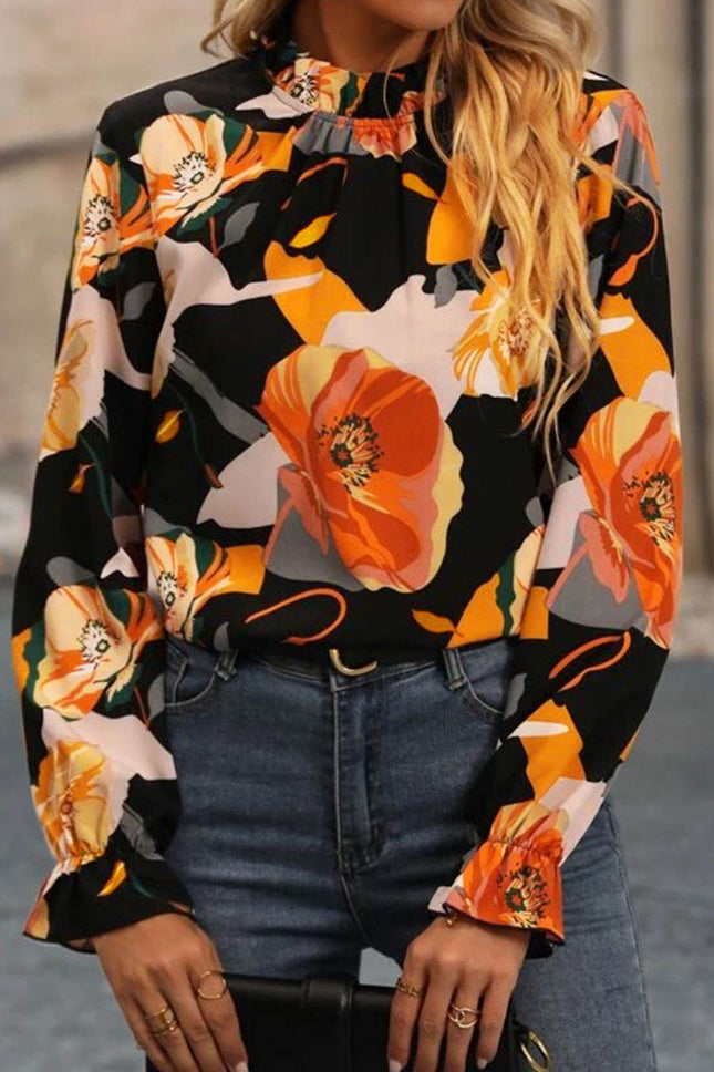 Floral Mock Neck Flounce Sleeve Blouse - MimiStylez