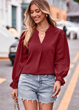 Swiss Dot Notched Neck Flounce Sleeve Blouse - MimiStylez