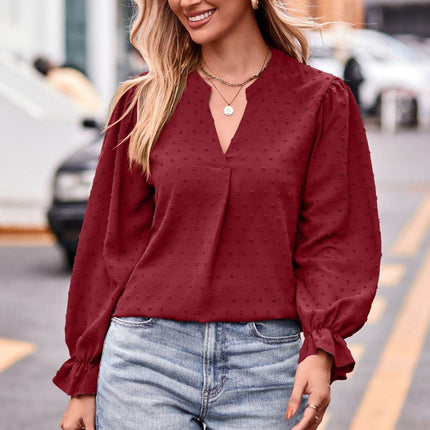 Swiss Dot Notched Neck Flounce Sleeve Blouse - MimiStylez