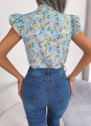 Floral Tie Neck Flutter Sleeve Blouse - MimiStylez