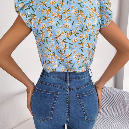 Floral Tie Neck Flutter Sleeve Blouse - MimiStylez