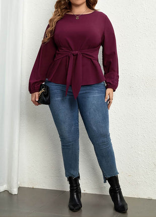 Plus Size Tie Front Long Sleeve Blouse - MimiStylez