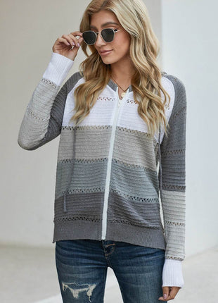 Zip-Up Raglan Sleeve Openwork Hooded Cardigan - MimiStylez