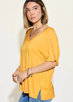 Basic Bae Full Size Bamboo Slit V-Neck Short Sleeve T-Shirt - MimiStylez