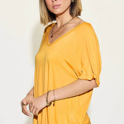 Basic Bae Full Size Bamboo Slit V-Neck Short Sleeve T-Shirt - MimiStylez