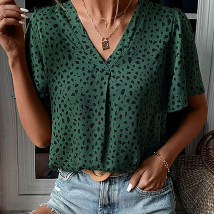 Animal Print V-Neck Flutter Sleeve Blouse - MimiStylez