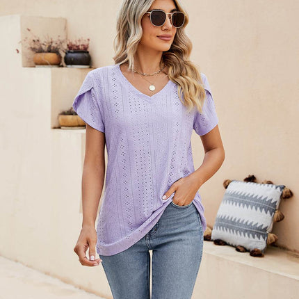 Eyelet Petal Sleeve V-Neck Knit Top - MimiStylez
