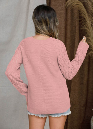 Openwork Round Neck Raglan Sleeve Sweater - MimiStylez