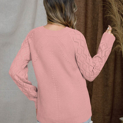 Openwork Round Neck Raglan Sleeve Sweater - MimiStylez