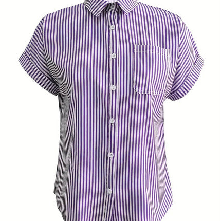 Full Size Striped Button-Up Casual Shirt with Pocket Plus Size - MimiStylez