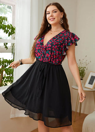 Plus Size Floral Surplice Neck Flutter Sleeve Dress - MimiStylez