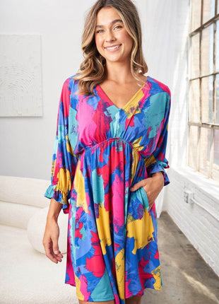 White Birch Full Size Printed V-Neck Mini Dress - MimiStylez