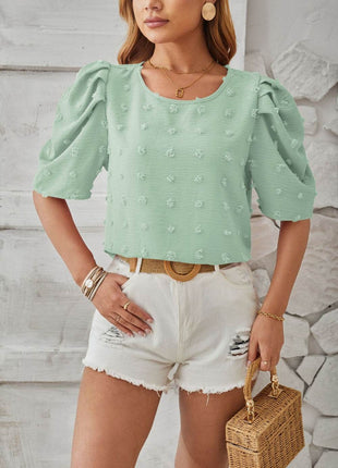 Swiss Dot Round Neck Short Sleeve Blouse - MimiStylez