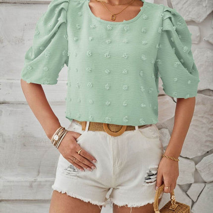 Swiss Dot Round Neck Short Sleeve Blouse - MimiStylez