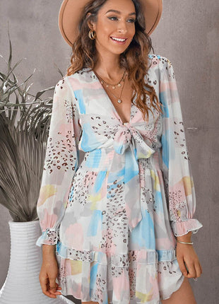 Printed Flounce Sleeve Mini Dress - MimiStylez