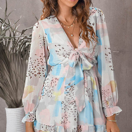 Printed Flounce Sleeve Mini Dress - MimiStylez