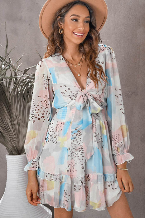 Printed Flounce Sleeve Mini Dress - MimiStylez