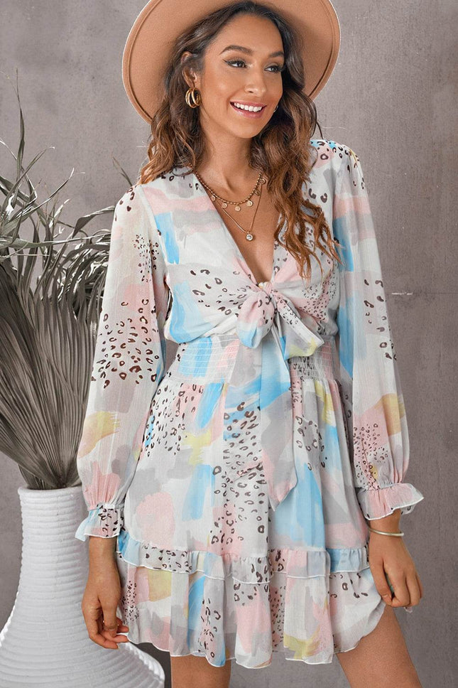 Printed Flounce Sleeve Mini Dress - MimiStylez