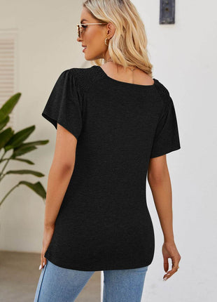 Smocked Round Neck Flutter Sleeve T-Shirt - MimiStylez