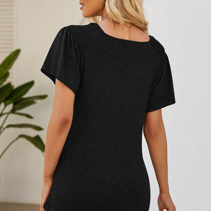 Smocked Round Neck Flutter Sleeve T-Shirt - MimiStylez