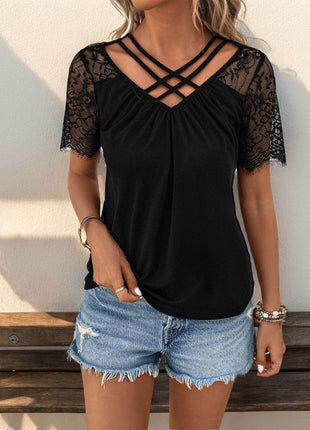 Lace Detail V-Neck Short Sleeve T-Shirt - MimiStylez