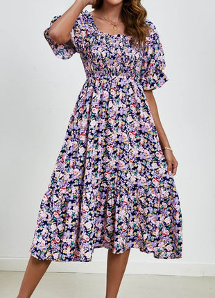 Smocked Floral Square Neck Short Sleeve Dress - MimiStylez
