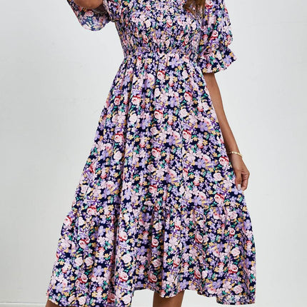 Smocked Floral Square Neck Short Sleeve Dress - MimiStylez