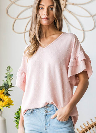 Heimish Full Size Swiss Dot Ruffle Short Sleeve Top - MimiStylez