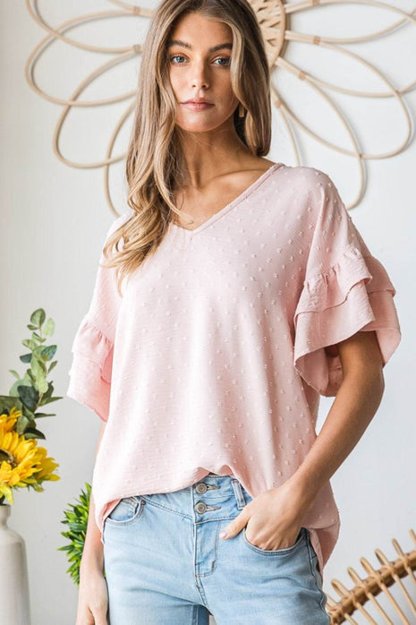 Heimish Full Size Swiss Dot Ruffle Short Sleeve Top - MimiStylez