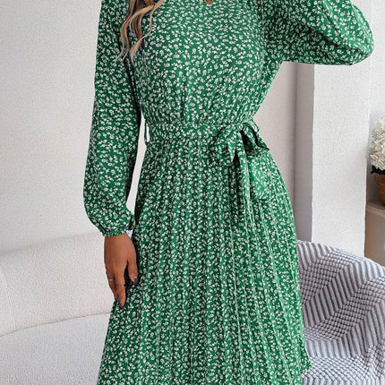 Ditsy Floral Tie Waist Pleated Dress - MimiStylez