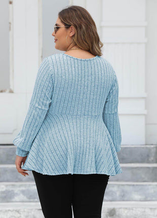 Plus Size Ribbed V-Neck Long Sleeve Blouse - MimiStylez