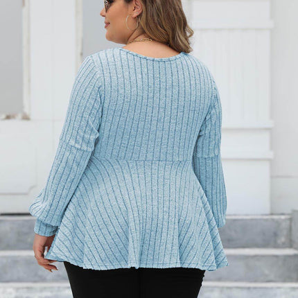 Plus Size Ribbed V-Neck Long Sleeve Blouse - MimiStylez