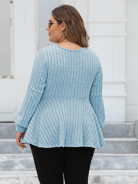 Plus Size Ribbed V-Neck Long Sleeve Blouse - MimiStylez