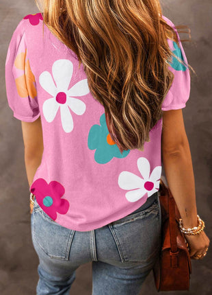 Flower Round Neck Short Sleeve Blouse - MimiStylez
