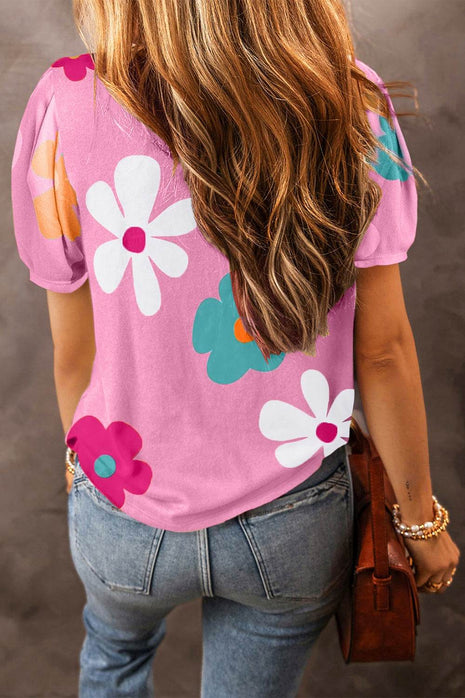 Flower Round Neck Short Sleeve Blouse - MimiStylez