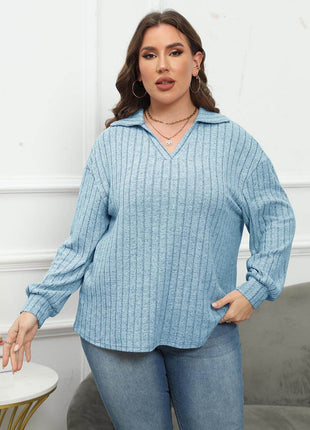Plus Size Ribbed Collared Neck Long Sleeve Blouse - MimiStylez