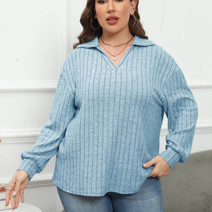 Plus Size Ribbed Collared Neck Long Sleeve Blouse - MimiStylez