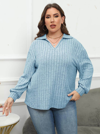 Plus Size Ribbed Collared Neck Long Sleeve Blouse - MimiStylez
