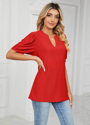 Eyelet Short Puff Sleeve Notched Neck Top - MimiStylez
