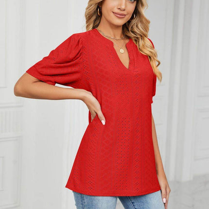 Eyelet Short Puff Sleeve Notched Neck Top - MimiStylez