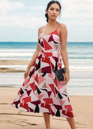 Pleated Geometric Spaghetti Strap Dress - MimiStylez