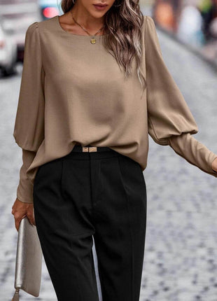 Round Neck Lantern Sleeve Blouse - MimiStylez