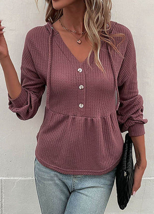 Waffle-Knit Buttoned Drop Shoulder Hoodie - MimiStylez