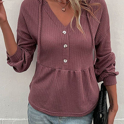 Waffle-Knit Buttoned Drop Shoulder Hoodie - MimiStylez