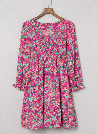 Floral Smocked V-Neck Flounce Sleeve Dress - MimiStylez
