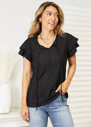 Double Take Eyelet Tie-Neck Flutter Sleeve Blouse - MimiStylez