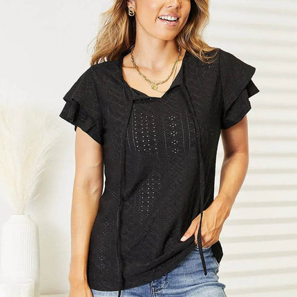 Double Take Eyelet Tie-Neck Flutter Sleeve Blouse - MimiStylez