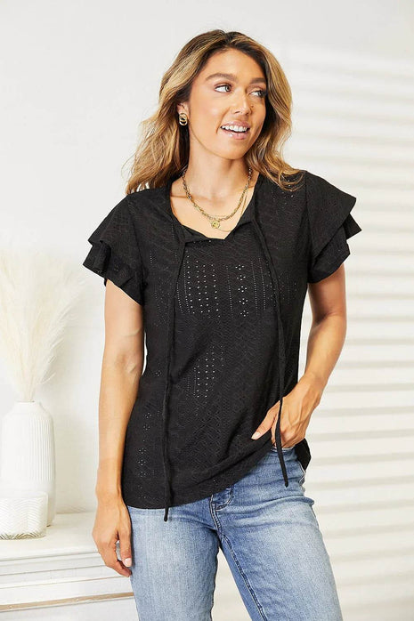 Double Take Eyelet Tie-Neck Flutter Sleeve Blouse - MimiStylez