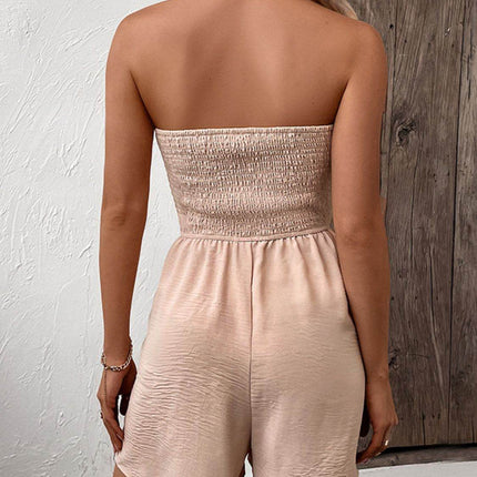 Decorative Button Smocked Strapless Romper - MimiStylez