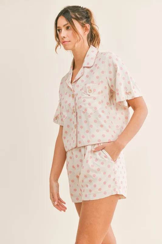 MABLE Polka Dot Collar Crop Top and Short Lounge Set - MimiStylez